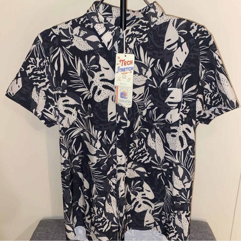 Laguna B Men’s Black & White Tropical Print Short-Sleeve Button-Down Shirt